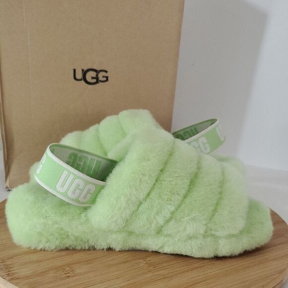 UGG Fluff Yeah Slide Parakeet Green Wool Slingback Slipper Sandal Women's Size 7 - Picture 8 of 13
